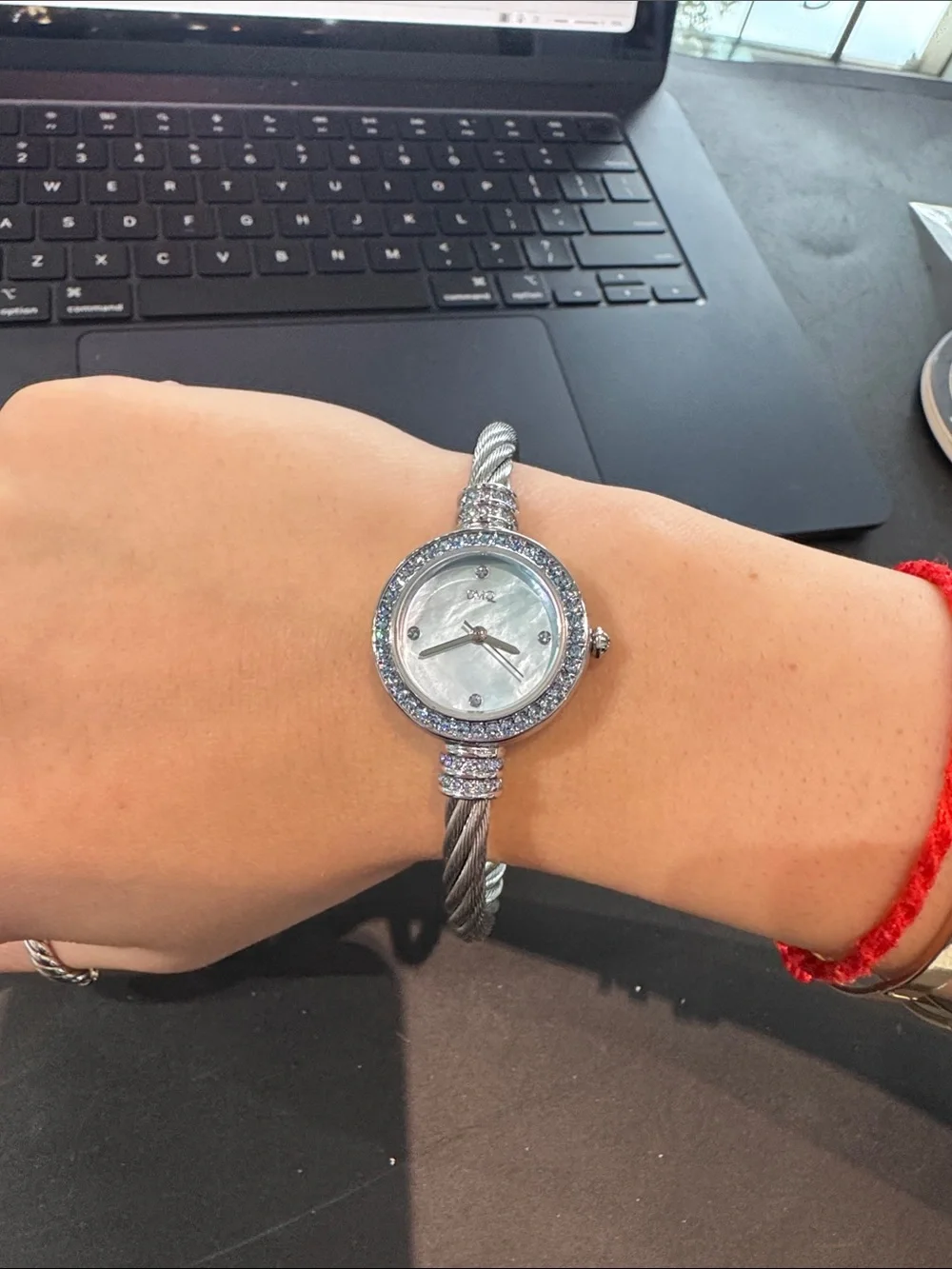 New DMQ Diamonique Silver-tone MOP Cable Bangle Watch